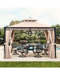 Sunjoy 10x12 ft. Steel Frame Gazebo Outdoor Patio 2-tier Soft Top Gazebo with Decorative Vine, Netting, Curtains, and Ceiling Hook