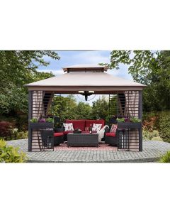 Sunjoy Outdoor Patio 11x13 Sesame 2-Tier Steel Backyard Soft Top Gazebo with Planters