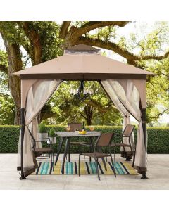 Sunjoy Outdoor Patio 9.5x9.5 Tan 2-Tier Steel Backyard Soft Top Gazebo with Ceiling Hook and Netting