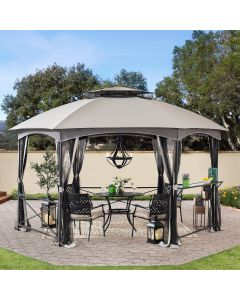 Sunjoy 15x15 ft. Gray Hexagon Steel Frame Soft Top Gazebo with 2-tier Dome Roof, Netting, and Bar Shelf