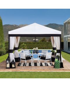 Sunjoy 10x10 Soft Top Gazebo, Modern White and Black Outdoor Patio Gazebo with Curtain, Netting, and Ceiling Hook