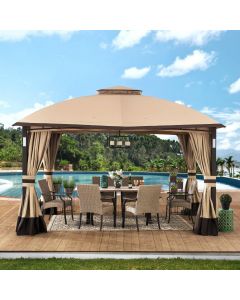 Sunjoy Outdoor Patio 11x13 Tan 2-Tier Backyard Soft Top Gazebo with LED Light, Bluetooth Sound and Hook