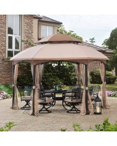 Sunjoy Outdoor Patio 13.5x13.5 Tan 2-Tier Backyard Soft Top Gazebo with Ceiling Hook