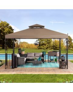 Sunjoy Outdoor Patio 10x12 Khaki 2-Tier Steel Backyard Soft Top Gazebo with Ceiling Hook