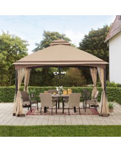 Sunjoy Outdoor Patio 10x13 Steel 2-Tier Backyard Soft Top Gazebo with Ceiling Hook and Netting