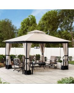 Sunjoy Outdoor Patio 11x13 Beige 2-Tier Steel Backyard Soft Top Gazebo with Curtain and Netting