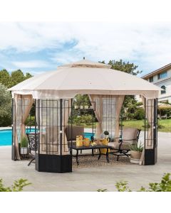 Sunjoy Outdoor Patio 11x13 Beige 2-Tier Steel Backyard Soft Top Gazebo with Ceiling Hook and Netting