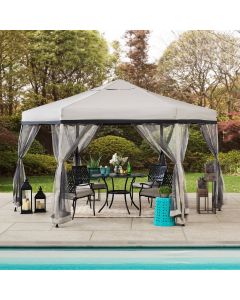 Sunjoy Outdoor Patio 11x11 Hexagon Backyard Pop Up Portable Soft Top Gazebo with Netting