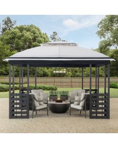 Sunjoy Outdoor Patio 11x13 White & Black 2-Tier Steel Backyard Soft Top Gazebo with Ceiling Hook