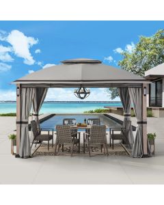 Sunjoy Outdoor Patio 11x13 Gray Backyard Soft Top Gazebo with LED Light, Bluetooth Sound and Hook