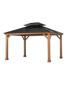 Sunjoy Wooden Gazebo 11' x 13' Outdoor Gazebo Patio Steel Hardtop Gazebo with Cedar Frame and Ceiling Hook Wood Gazebo with 2-tier Metal Roof, Suitable for Patios, Lawn, and Backyard, Black