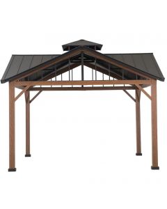 Sunjoy Roanforth Black Steel & Wood 2-Tier Outdoor Hardtop Gazebo With Ceiling Hook for Patio, Backyard, and Garden