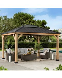 Sunjoy Outdoor Patio 11x13 Wooden Frame Backyard Hardtop Gazebo with Ceiling Hook