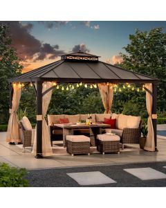 Sunjoy 11x13 Metal Gazebo, Black Aluminum Frame Hardtop Gazebo with Ceiling Hook and Netting