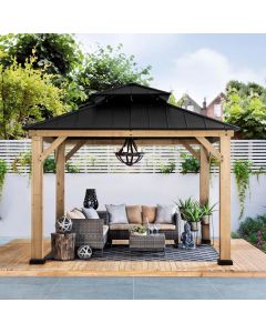 Sunjoy Outdoor Patio 11x11 Black 2-Tier Wooden Frame Backyard Hardtop Gazebo with Ceiling Hook