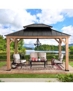 Sunjoy Outdoor Patio 11x13 Black 2-Tier Wooden Frame Backyard Hardtop Gazebo with Ceiling Hook