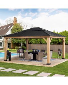 Sunjoy Outdoor Patio 13x15 Wooden Frame Backyard Hardtop Gazebo with Ceiling Hook