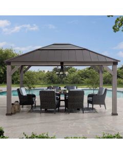 Sunjoy Outdoor Patio 13x15 Wooden Frame Hardtop Gazebo with Black Steel and Polycarbonate Hip Roof and Ceiling Hook