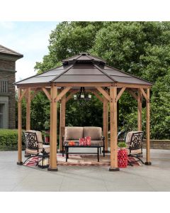 Sunjoy Outdoor Patio 13x13 Octagon Brown 2-Tier Wooden Frame Backyard Hardtop Gazebo with Ceiling Hook