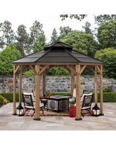 Sunjoy Outdoor Patio Octagon 13x13 Black 2-Tier Wooden Frame Backyard Hardtop Gazebo with Ceiling Hook