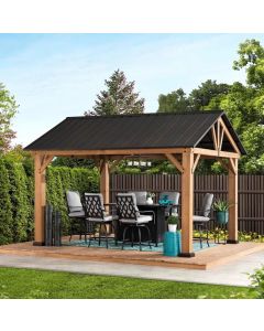 Sunjoy Outdoor Patio 11x13 Wooden Frame Gable Roof Backyard Hardtop Gazebo / Pavilion with Ceiling Hook