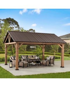 Sunjoy Outdoor Patio 13x15 Wooden Frame Steel Gable Roof Backyard Hardtop Gazebo/Pavilion with Ceiling Hook