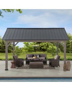 Sunjoy 13x15 Hardtop Gazebo Wooden Frame Outdoor Gazebo Patio Steel Gable Roof Backyard Gazebo / Pavilion with Ceiling Hook