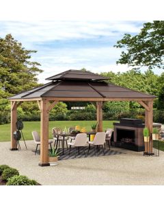 Sunjoy Outdoor Patio 13x15 Brown 2-Tier Wooden Frame Backyard Hardtop Gazebo with Ceiling Hook