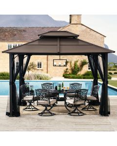 Sunjoy Outdoor Patio 10x12 2-Tier Steel Backyard Hardtop Gazebo with Metal Ceiling Hook and Netting