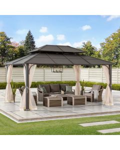 Sunjoy 12x16' Hardtop Gazebo, Heavy Duty Steel Frame Metal Gazebo, Double Tiered Patio Gazebo with Ceiling Hook and Netting