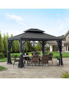 Sunjoy 10x12 Hardtop Gazebo, Outdoor Patio Aluminum Frame Gazebo with Solar Panel, 2-Tier Steel Hardtop Backyard Gazebo with Netting and Ceiling Hook