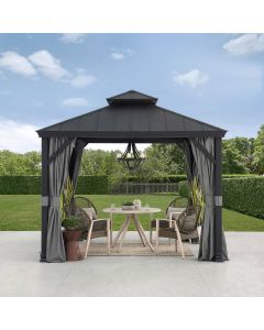 Sunjoy 10x10 Hardtop Gazebo Outdoor Patio Aluminum Frame Gazebo 2-Tier Steel Hardtop Backyard Gazebo with Netting, Curtain, and Ceiling Hook