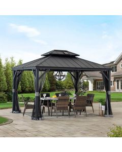 Sunjoy 10' x12' Hardtop Gazebo, Aluminum Frame Patio Gazebo, 2-Tier Steel Hardtop Solar Powered Gazebo with Netting