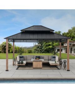 Sunjoy Outdoor Patio 13x15 Black 2-Tier Steel Backyard Hardtop Gazebo with Metal Ceiling Hook