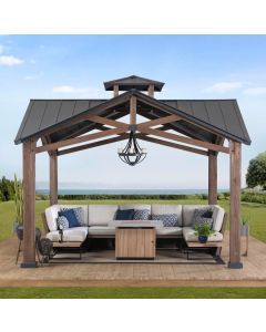 Sunjoy 12.5x12.5 Black 2-Tier Wooden Frame Hardtop Gazebo with Ceiling Hook