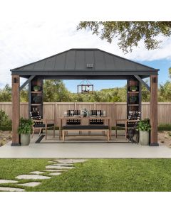 Sunjoy Outdoor Patio 12x14 Solar Powered Backyard Hardtop Wooden Gazebo with LED Light and Bluetooth Sound