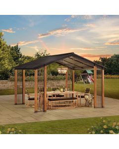 Sunjoy Outdoor Patio 11x13 Black Wooden Frame Gable Roof Backyard Hardtop Gazebo / Pavilion with Ceiling Hook