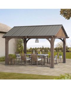 Sunjoy Outdoor Patio 12x14 Brown Wooden Frame Gable Roof Backyard Hardtop Gazebo / Pavilion with Ceiling Hook