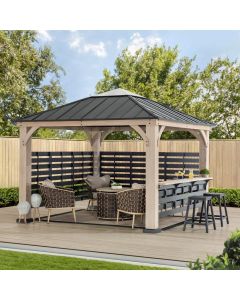 Sunjoy Outdoor Patio Grill Gazebo 11x11 Black Wooden Frame Aluminum Privacy Screen Backyard Hardtop Hot Tub Gazebo with Bar Shelf