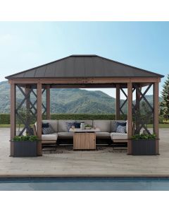 Sunjoy 13x15 Hardtop Gazebo Outdoor Black Steel Roof Gazebo Backyard Aluminum Framed Gazebo with Planters and Ceiling Hook