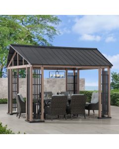 Sunjoy Outdoor Patio 11x13 Black Steel Gable Roof Backyard Hardtop Gazebo / Pavilion with Metal Ceiling Hook