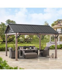 Sunjoy Outdoor Patio 13x13 Black Steel Gable Roof Backyard Hardtop Gazebo / Pavilion with Decorative Beam and Ceiling Hook