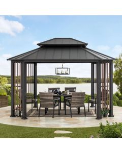 Sunjoy Outdoor Patio 11x13 Octagon Gray 2-Tier Steel Backyard Hardtop Gazebo with Dual Rails and Metal Ceiling Hook