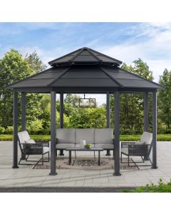 Sunjoy 15x15 ft. Outdoor Hardtop Gazebo, Octagon Double Tiered Metal Gazebo with Dual Rails and Ceiling Hook for Patio, Garden, Backyard Shade