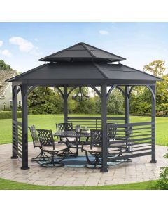 Sunjoy 13x15 ft. Outdoor Hardtop Gazebo, Hexagon Double Tiered Metal Gazebo with Decorative Fence, Dual Rails, and Ceiling Hook for Patio, Garden, Backyard Shade