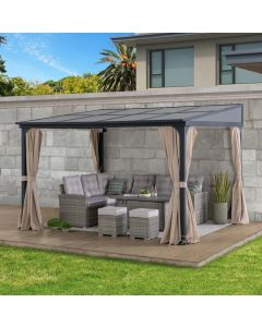 Sunjoy 10' x 12' Wall Mounted Gazebo, Black Aluminum & Metal Frame Lean to Gazebo with Curtains and Netting