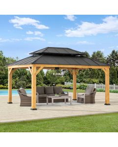 Sunjoy 12x16 ft. Wood Gazebo, Outdoor Patio Steel Hardtop Gazebo, Cedar Framed Wooden Gazebo with 2-tier Metal Roof and Ceiling Hook