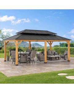 Sunjoy 12x20 ft. Aluminum Hardtop Gazebo, Cedar Frame Wood Gazebo with Dual Rails and Ceiling Hook