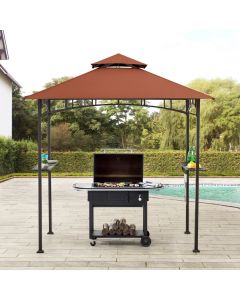 Sunjoy Outdoor Patio 5x8 Black Steel Frame Double Tiered Backyard Soft Top Grill Gazebo with Bar Shelves