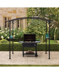 Sunjoy Outdoor Patio 5x8 Black Metal Backyard Grill Gazebo with Arch Canopy and Bar Shelves